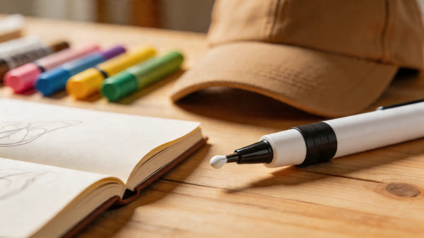 Feutre acrylique ouvert sur plan de travail d'artiste