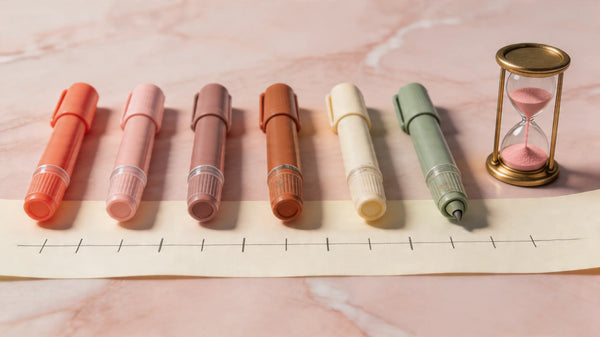 Durée de vie d'un feutre acrylique — marqueurs alignés du neuf à l'usé avec sablier rose