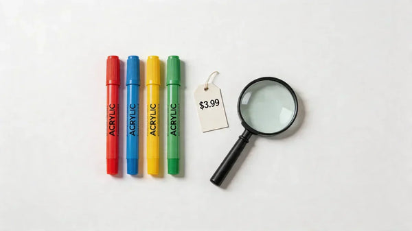 Feutres acryliques pas chers sur bureau avec loupe et étiquette prix, guide d'achat malin 2026