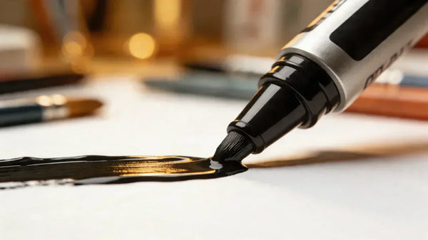 Feutre acrylique professionnel haute pigmentation traçant un trait opaque sur papier blanc en studio