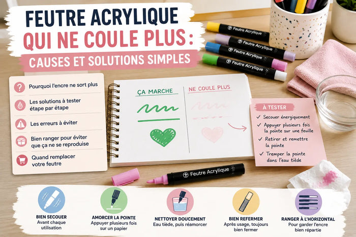 Feutre acrylique testé sur une feuille avec plusieurs marqueurs et un chiffon humide sur une table créative