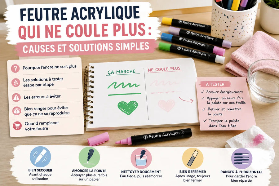 Feutre acrylique testé sur une feuille avec plusieurs marqueurs et un chiffon humide sur une table créative