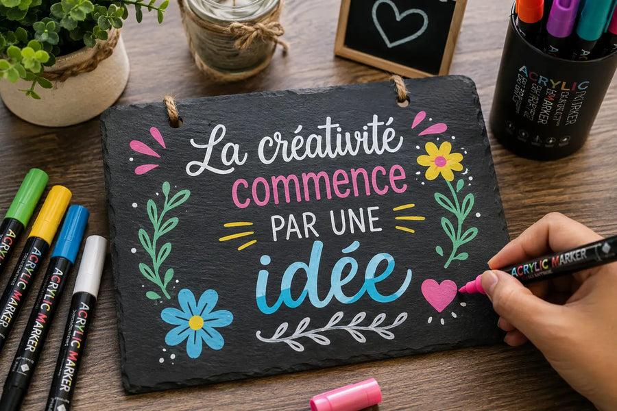 Ardoise décorative dessinée avec des feutres acryliques colorés sur une table créative
