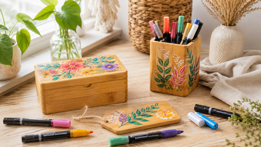 Objets en bambou décorés avec des feutres acryliques colorés sur une table créative