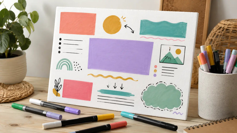 Panneau en carton plume décoré avec des feutres acryliques colorés sur une table créative