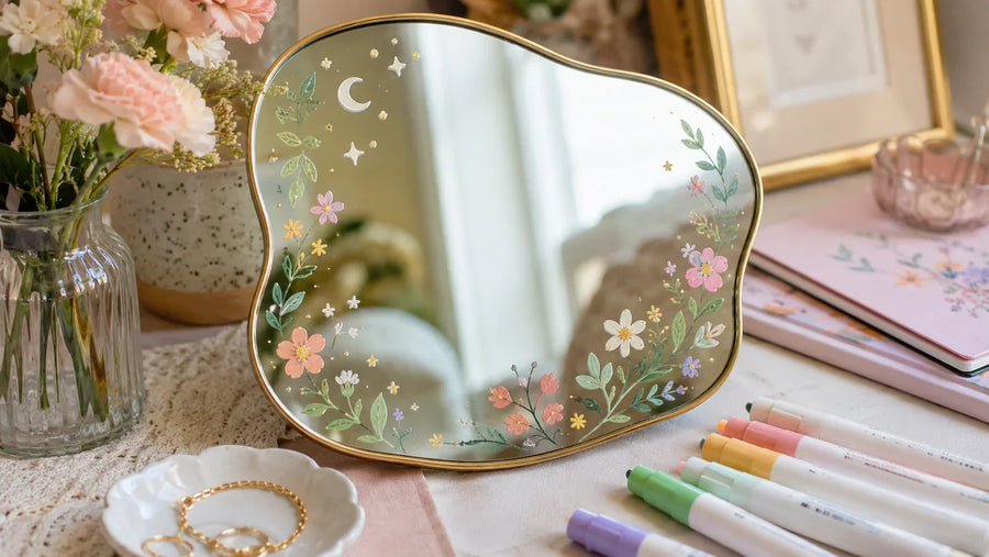 Miroir décoré avec des feutres acryliques colorés sur une table créative avec fleurs et marqueurs