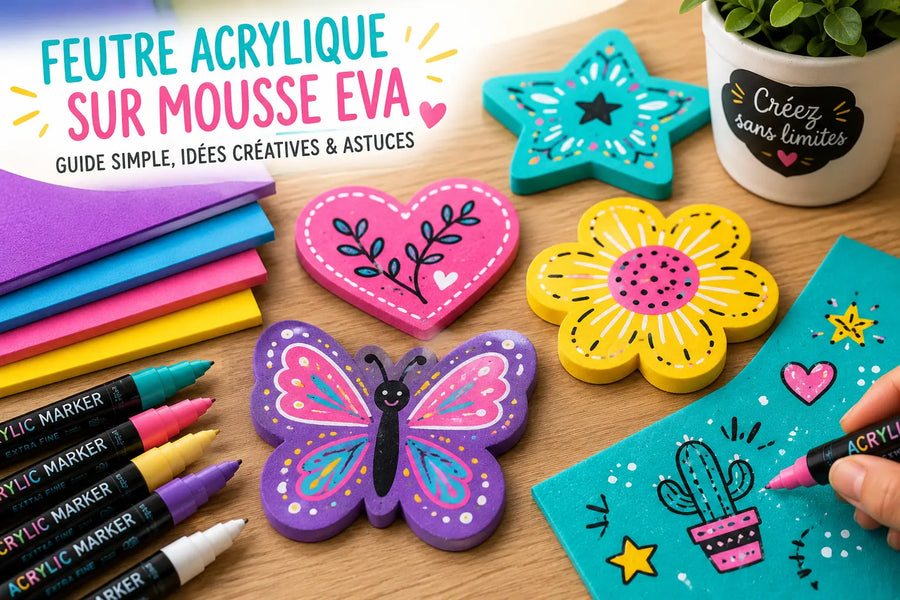 Feuilles de mousse EVA décorées avec des feutres acryliques colorés sur une table créative