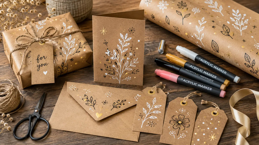 Papier kraft décoré avec des feutres acryliques colorés, cartes et emballages créatifs sur une table