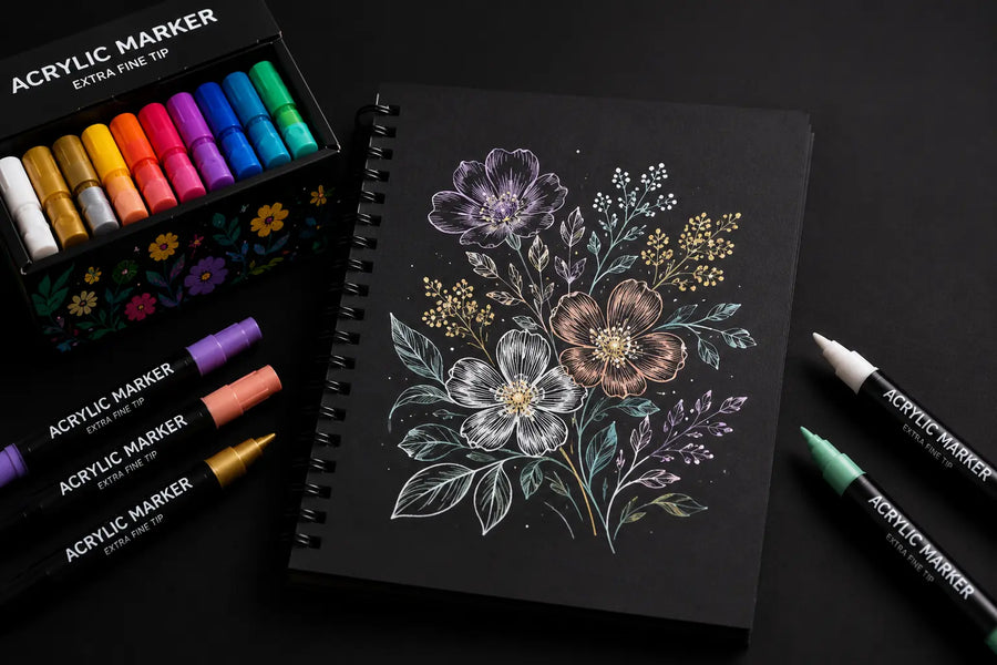 Papier noir décoré avec des feutres acryliques clairs et colorés sur une table créative
