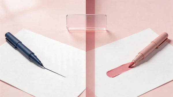 Comparatif visuel entre un feutre polyester à pointe fine et un feutre acrylique brush tip sur fond rose pastel