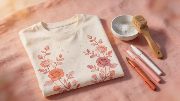 Laver feutre acrylique sur tissu — t-shirt blanc avec dessins floraux roses, eau et savon