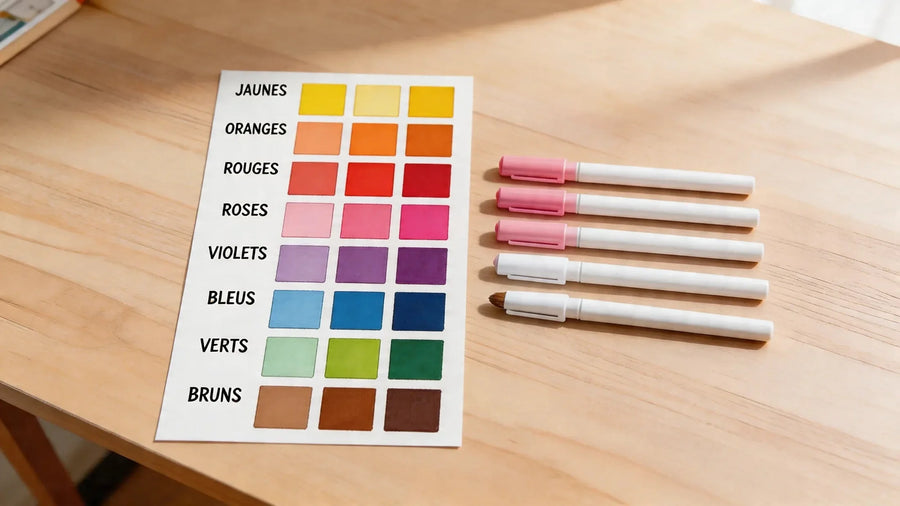 Nuancier de marqueurs acryliques fait main organisé par familles chromatiques