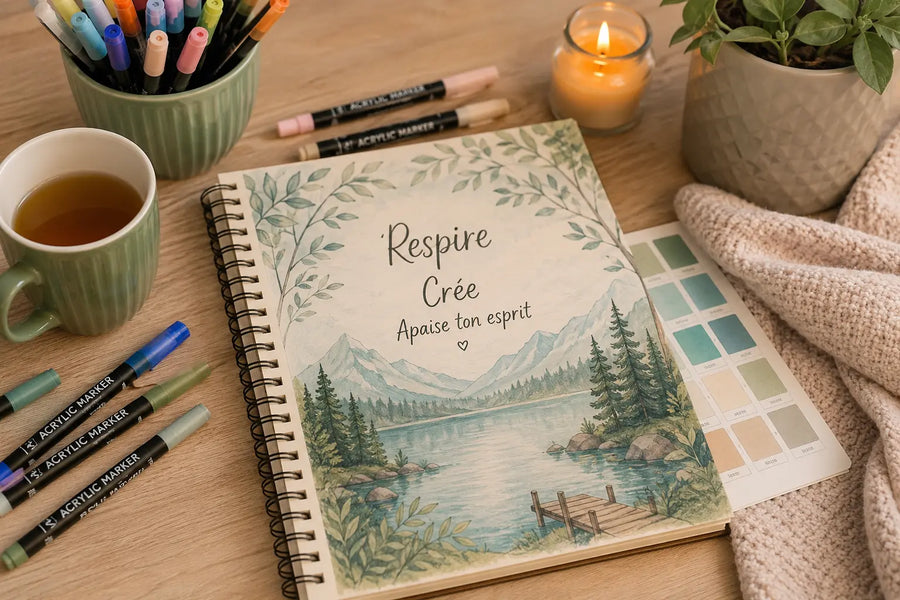 Coloriage anti-stress avec couleurs apaisantes bleu vert beige et rose poudré