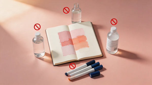 Produits à éviter avec un feutre acrylique : solvants, alcool et nettoyants chimiques disposés sur fond rose pastel