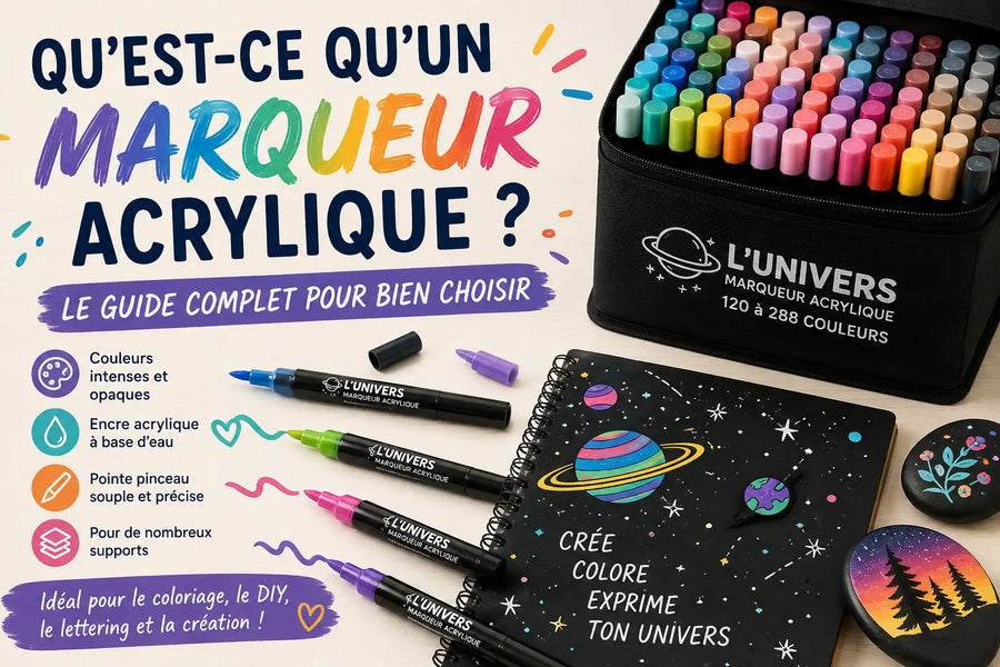 Marqueurs acryliques colorés avec carnet créatif pour expliquer ce qu’est un marqueur acrylique