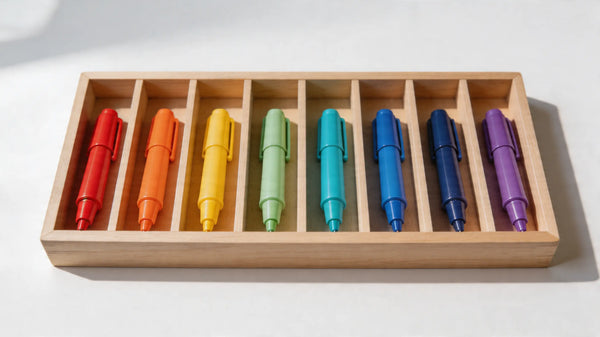 Rangement de feutres acryliques à l'horizontale dans un casier en bois organisé par couleurs