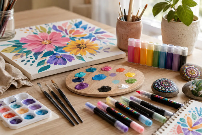 Matériel de peinture acrylique sur une table créative avec fenêtre ouverte et ambiance douce