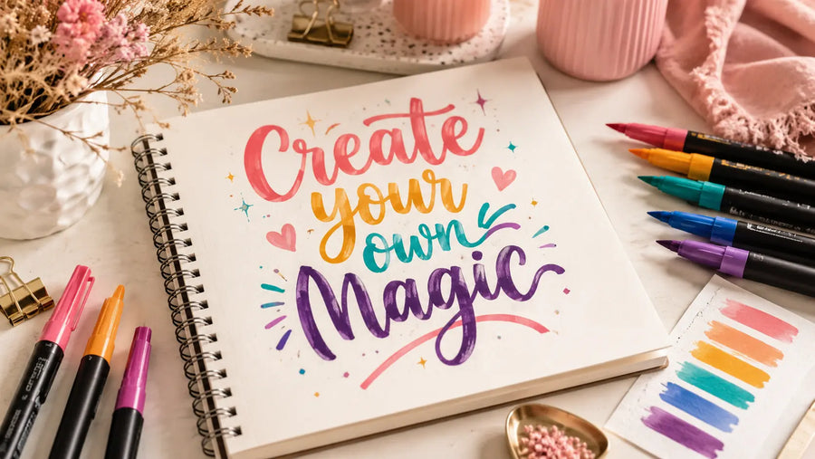 Carnet créatif avec lettering coloré réalisé au feutre acrylique et marqueurs posés autour