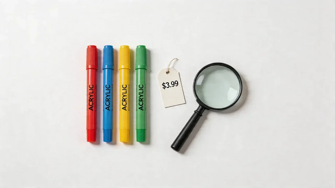 Feutres acryliques pas chers sur bureau avec loupe et étiquette prix, guide d'achat malin 2026