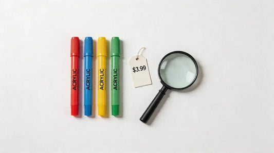 Feutres acryliques pas chers sur bureau avec loupe et étiquette prix, guide d'achat malin 2026