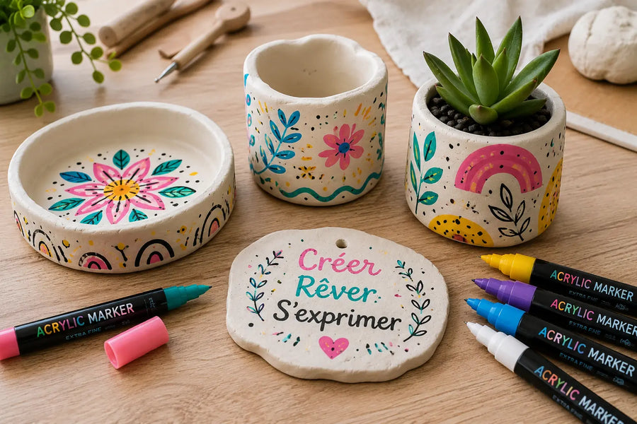 Objets en argile autodurcissante décorés avec des feutres acryliques colorés sur une table créative
