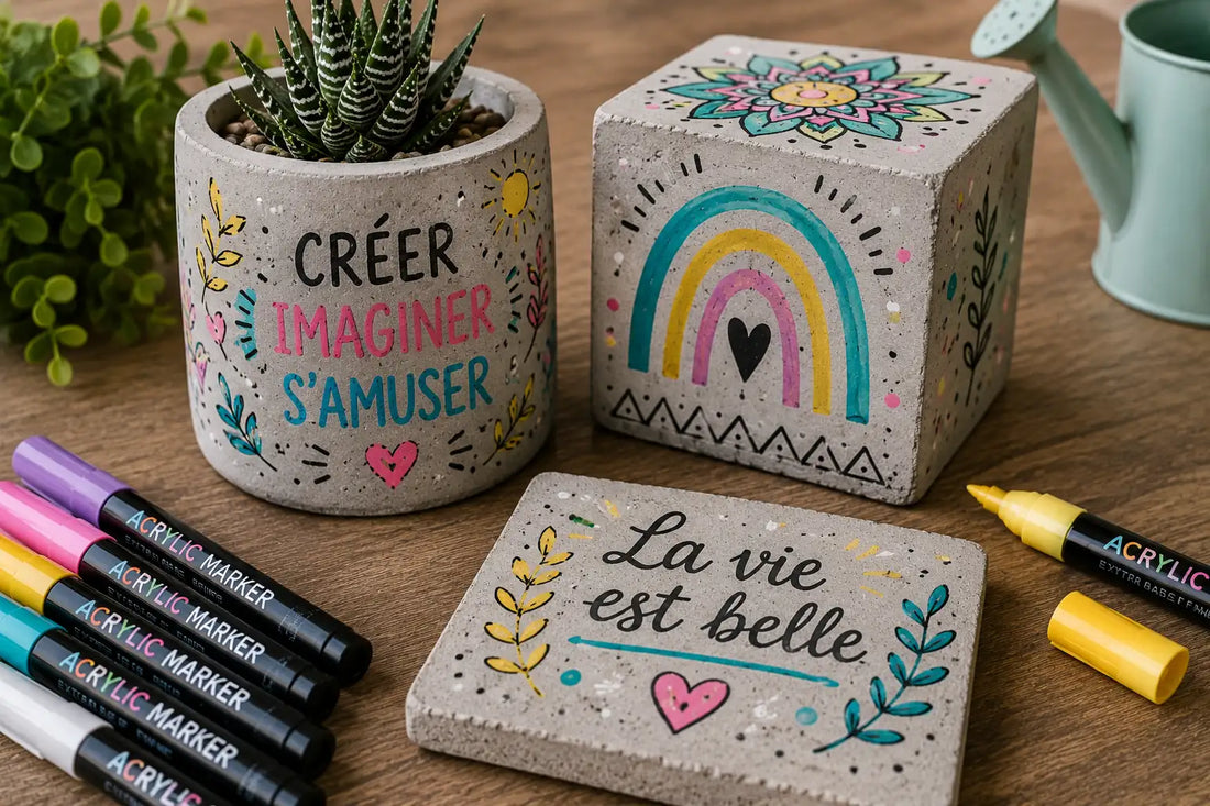 Pot en béton décoré avec des feutres acryliques colorés sur une table créative