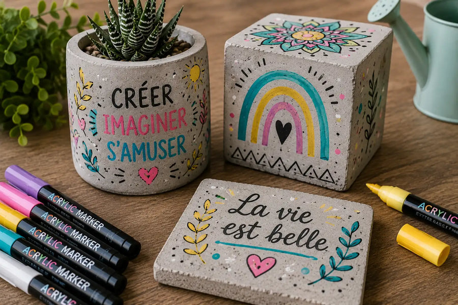 Pot en béton décoré avec des feutres acryliques colorés sur une table créative