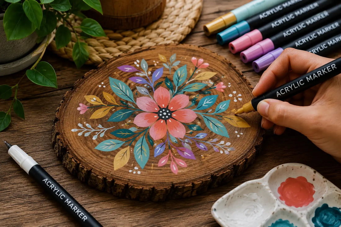 Feutres acryliques utilisés pour dessiner des motifs colorés sur une plaque en bois décorative