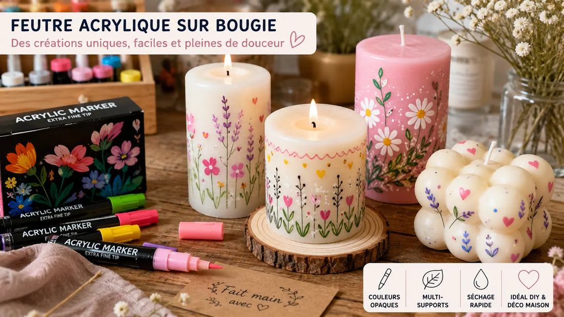 Bougies décoratives pastel personnalisées avec des feutres acryliques sur une table créative