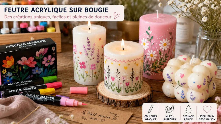 Bougies décoratives pastel personnalisées avec des feutres acryliques sur une table créative