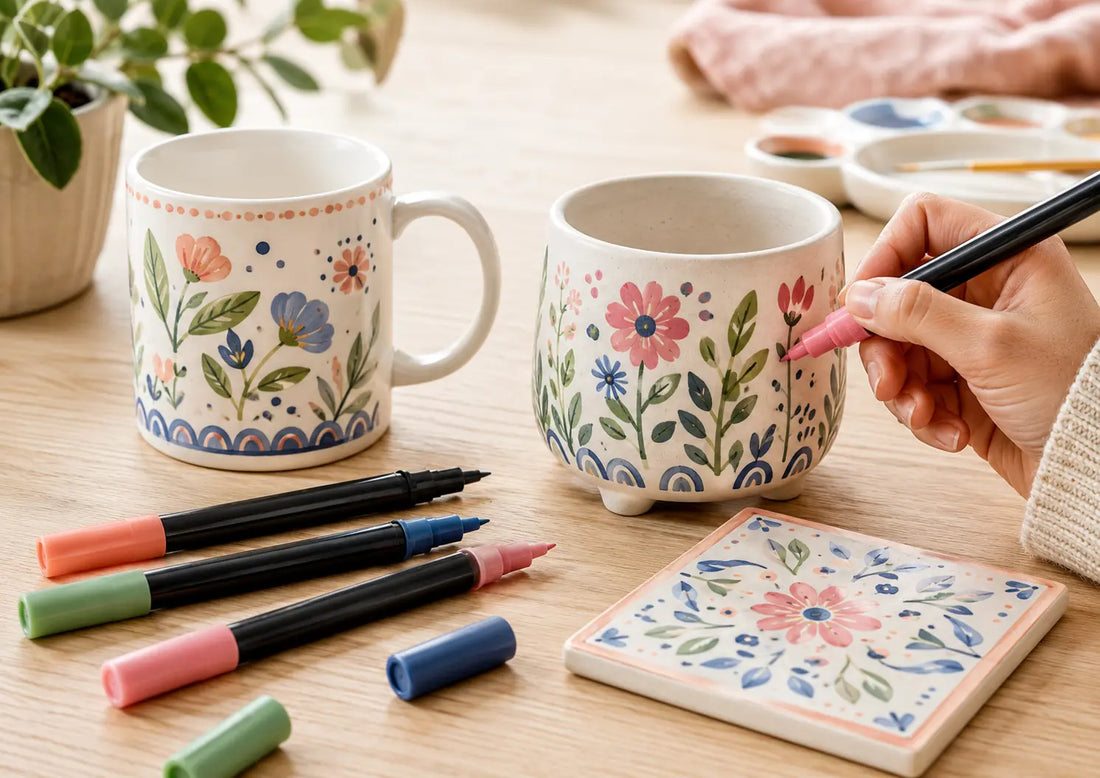 Tasse en céramique décorée avec des feutres acryliques colorés sur une table de loisirs créatifs