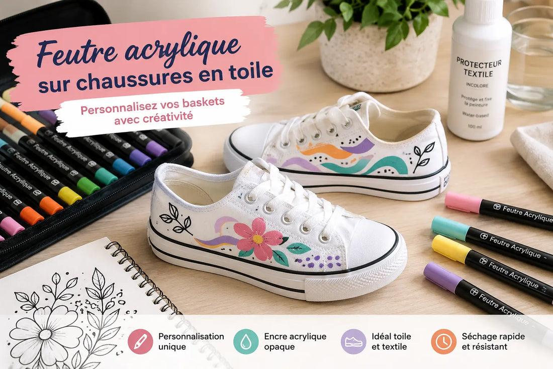 Baskets en toile personnalisées avec des motifs colorés réalisés au feutre acrylique