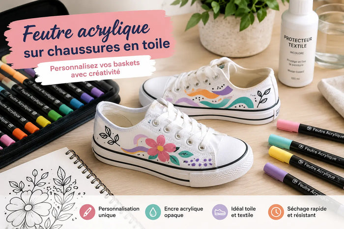 Baskets en toile personnalisées avec des motifs colorés réalisés au feutre acrylique
