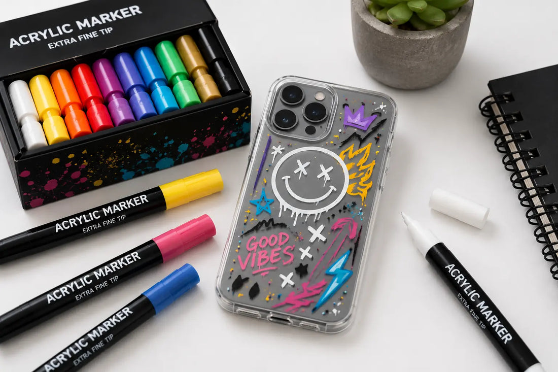 Coque de téléphone transparente décorée avec des feutres acryliques colorés sur une table créative