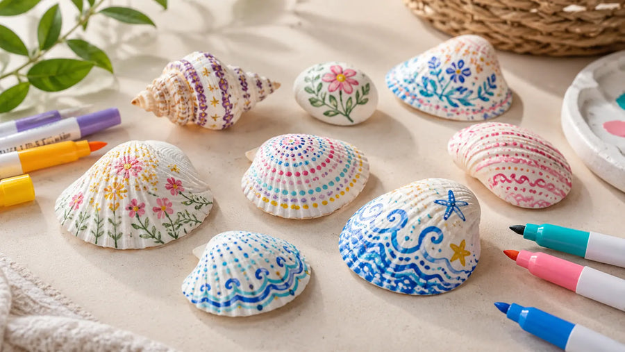 Coquillages décorés avec des feutres acryliques colorés sur une table créative