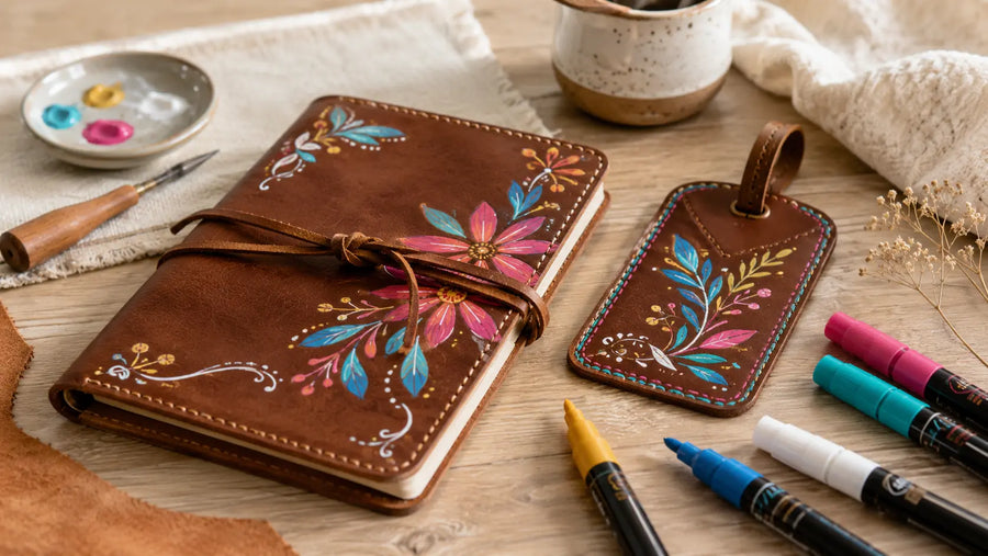 Carnet en cuir personnalisé avec des feutres acryliques colorés sur une table créative