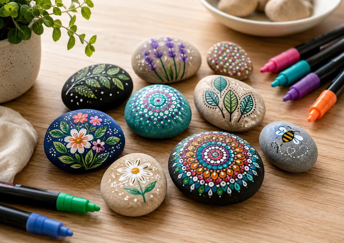 Galet décoratif peint avec des feutres acryliques colorés sur une table de loisirs créatifs