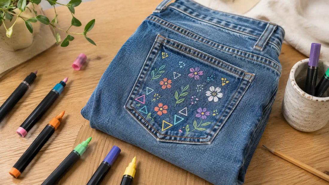 Jean personnalisé avec des motifs colorés réalisés au feutre acrylique sur une table créative