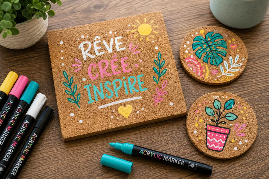 Sous-verres et tableau en liège décorés avec des feutres acryliques colorés sur une table créative