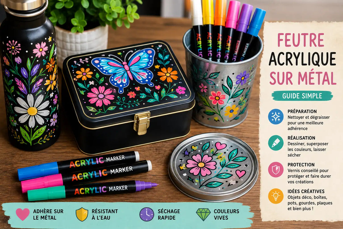 Boîte en métal décorée avec des feutres acryliques colorés sur une table de loisirs créatifs