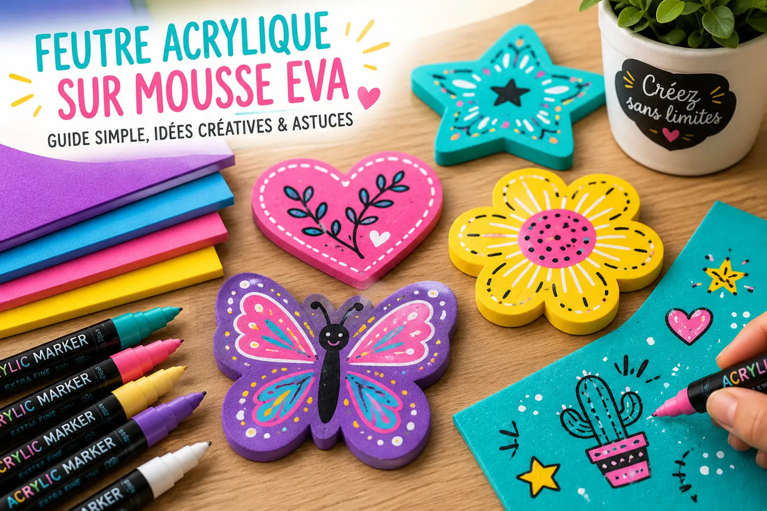 Feuilles de mousse EVA décorées avec des feutres acryliques colorés sur une table créative