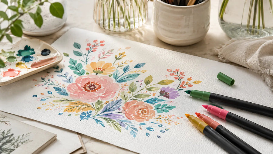 Papier aquarelle texturé décoré avec des feutres acryliques colorés sur une table créative