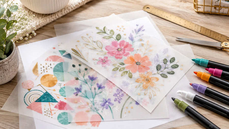 Feuilles de papier calque décorées avec des motifs colorés réalisés au feutre acrylique sur une table créative