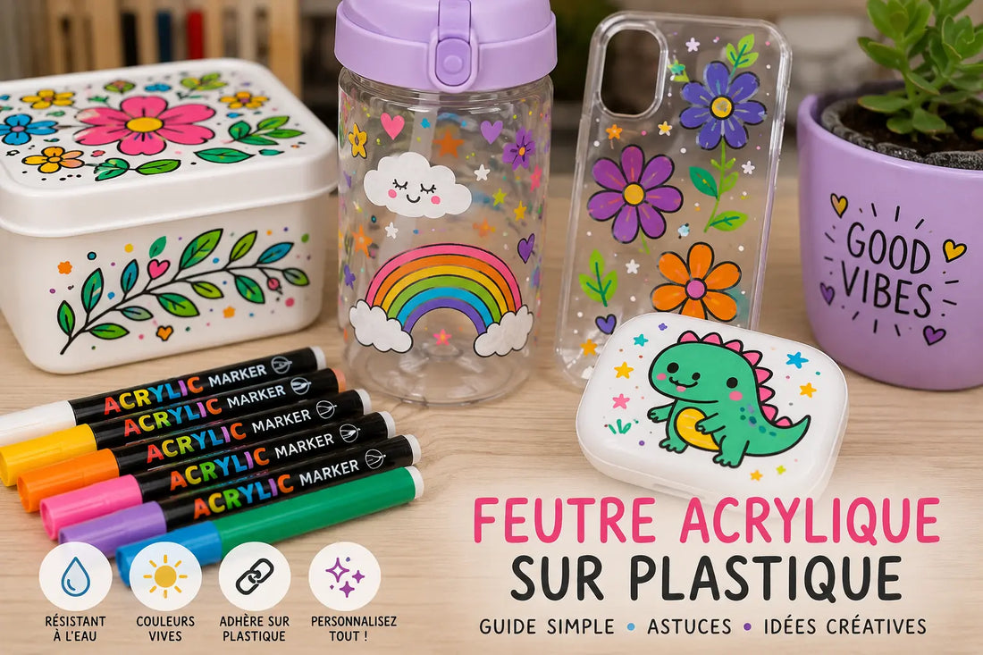 Objet en plastique décoré avec des feutres acryliques colorés sur une table de loisirs créatifs