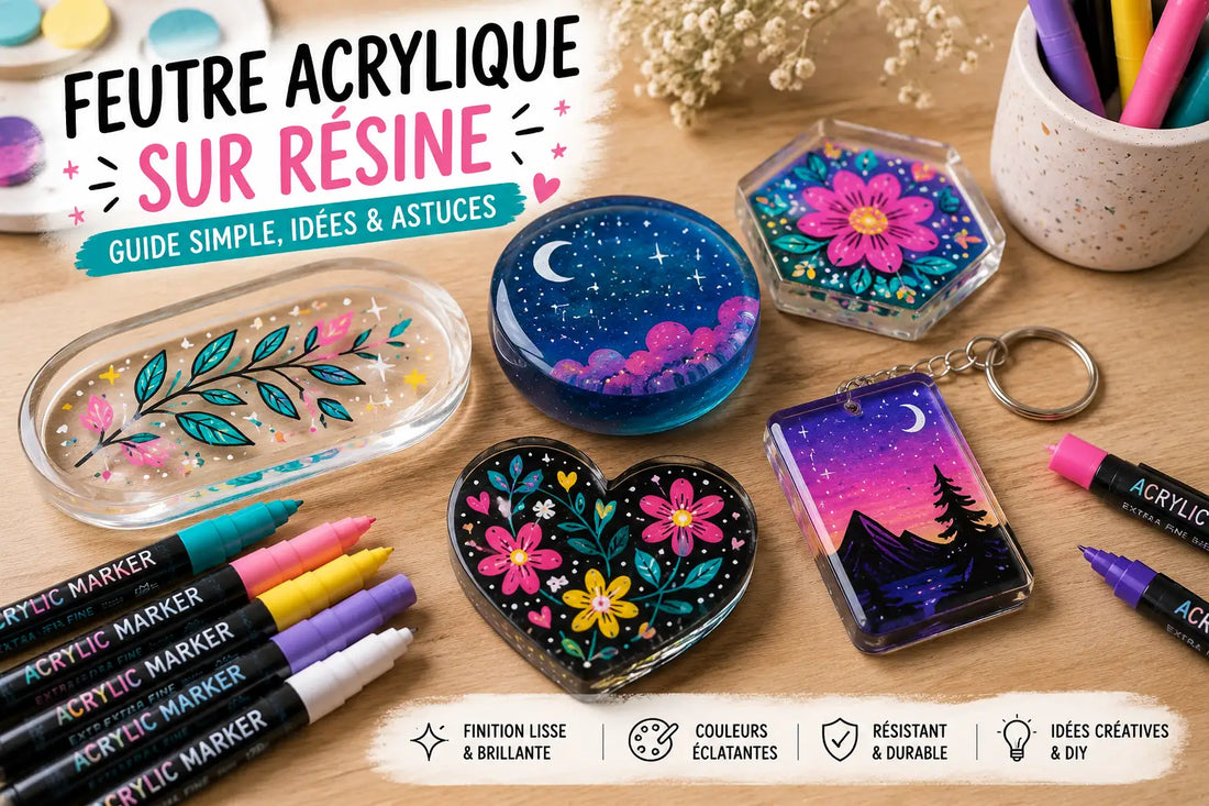Objets en résine décorés avec des feutres acryliques colorés sur une table créative