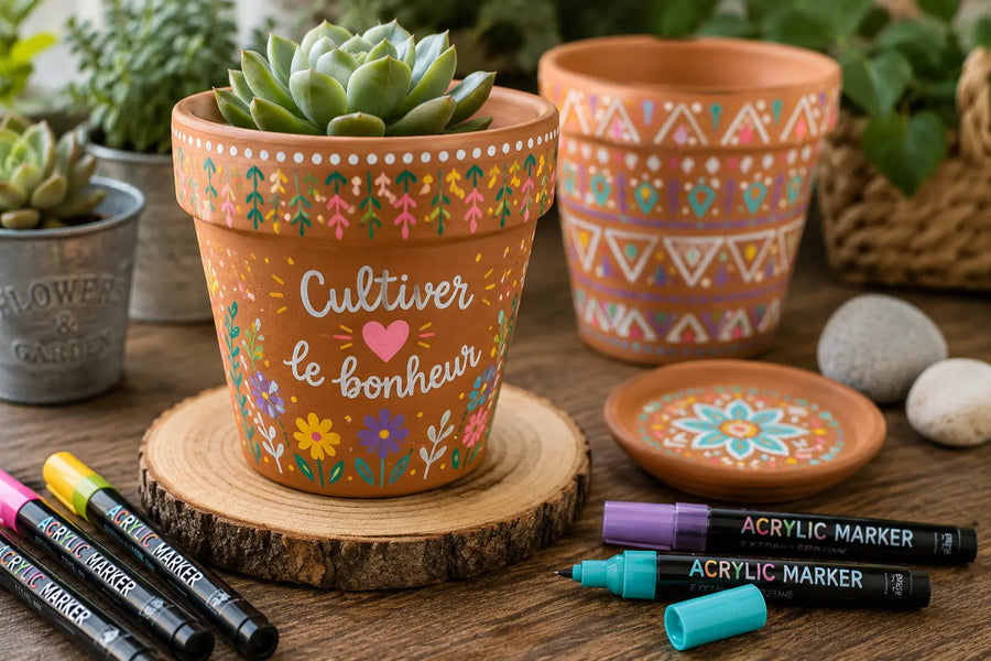 Pot en terre cuite décoré avec des feutres acryliques colorés sur une table créative