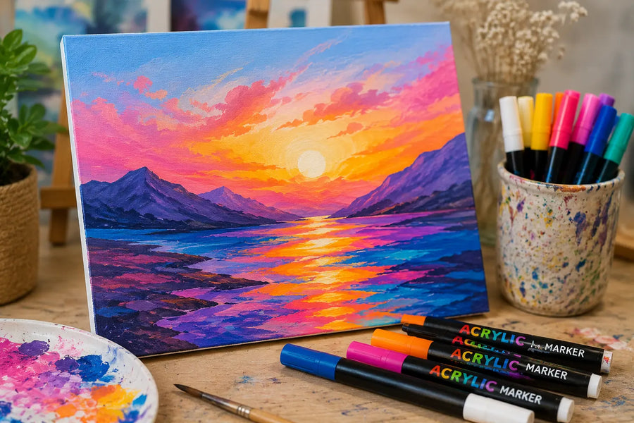 Toile canvas décorée avec des marqueurs acryliques colorés sur un bureau créatif