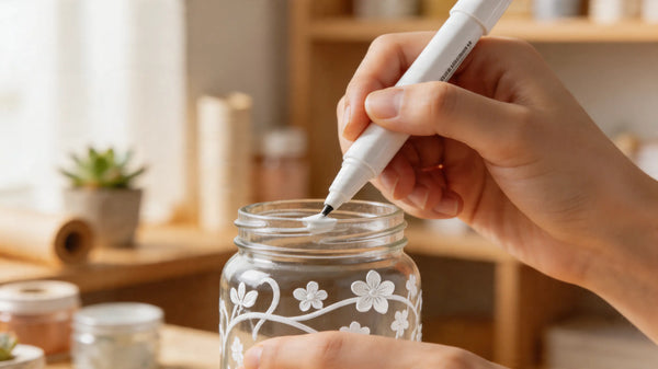 Feutre acrylique blanc dessinant un motif floral sur un bocal en verre transparent