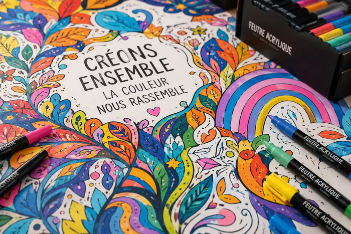 Fresque collective colorée réalisée avec des feutres acryliques pendant un événement créatif