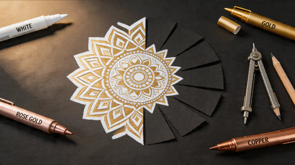 mandala feutre acrylique noir et or sur papier